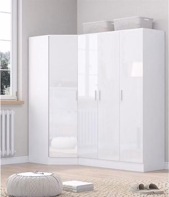 REFLECT Black Gloss Wardrobe Bundle featuring a Corner Unit and a 3-Door Plain Wardrobe in Black and White Gloss/Matt White