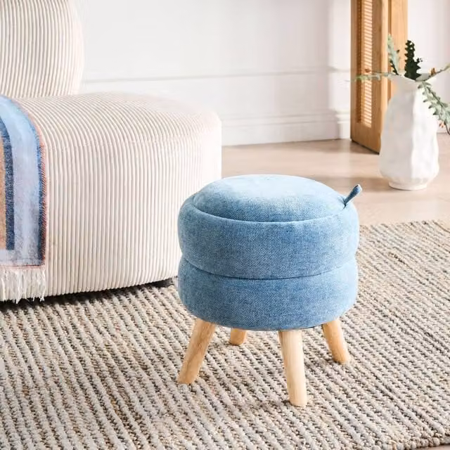 Wyld and Coco Blue Chenille Storage Pouffe with Reversible Lid and Rubberwood Frame