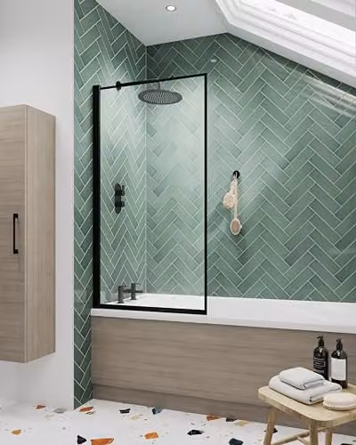 nuie Pacific Modern Straight Bath Screen, Matt Black, W: 785 mm, H: 1435 mm, D: 38 mm – 1