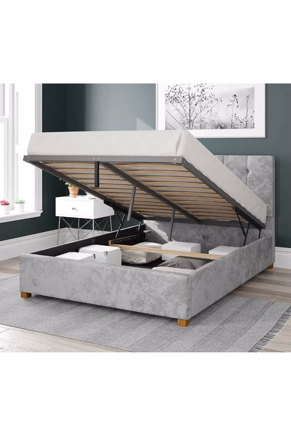 Aspire Hepburn Super King Upholstered Ottoman Storage Bed in Silver Mirazzi Velvet Fabric – 2