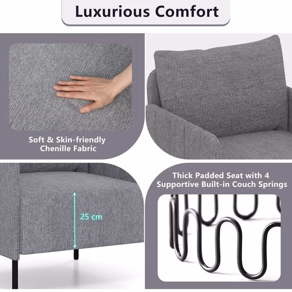Costway Grey Chenille Accent Chair with Armrests and Metal Frame – 3