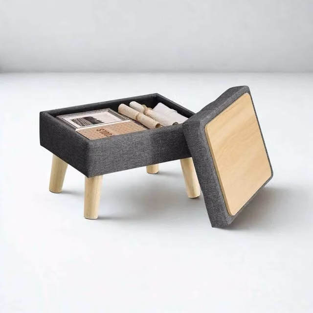 The Bazaarist Grey Fabric Storage Ottoman with Rubberwood Legs, W/D/H: 40 x 30 x 29 cm