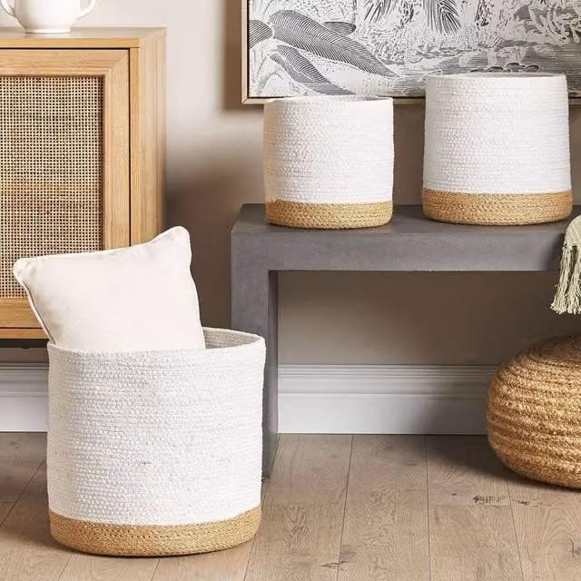 Wyld and Coco Set of 3 Boho Cotton Jute Storage Baskets in White and Natural Beige