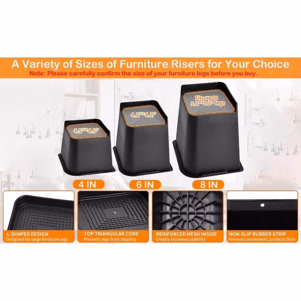 NESTLUNE Heavy Duty Furniture Risers, 4-Piece Set in Black, Height: 20.32 cm – 2