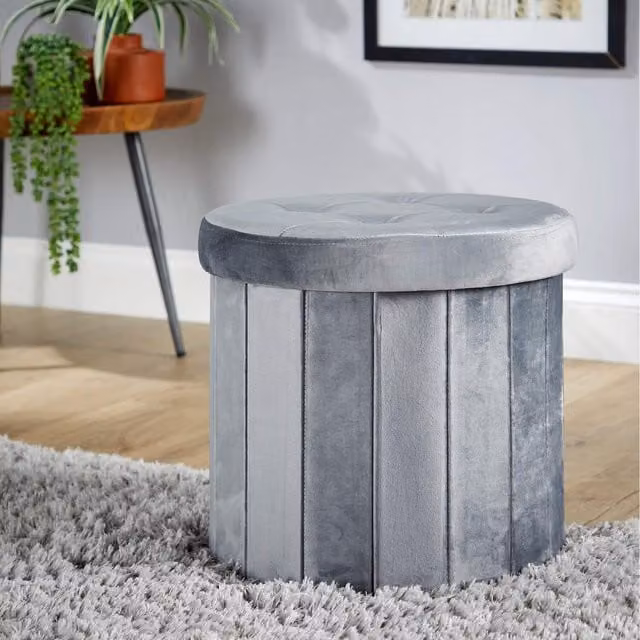 Home Source Grantham Grey Velvet Round Ottoman