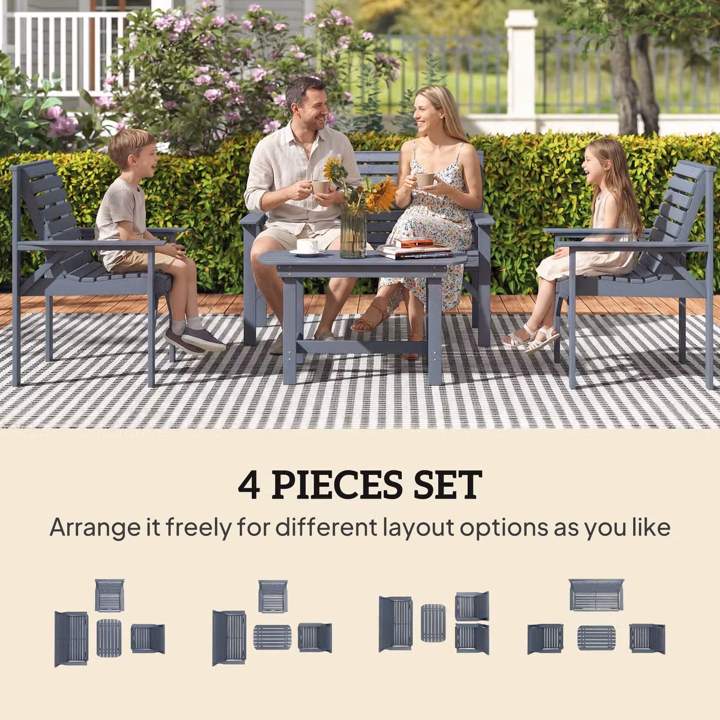 Outsunny 4 Piece Grey Wooden Garden Furniture Set with 2 Seater Sofa, 2 Armchairs and Coffee Table – 4
