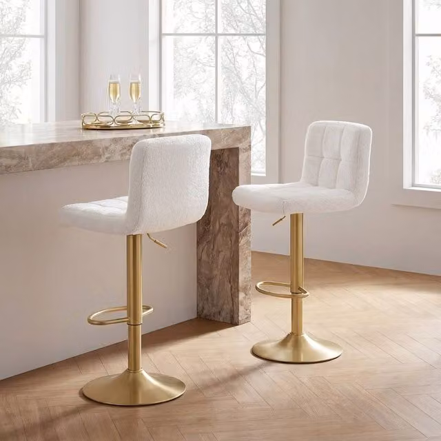 OHS Set of 2 White Boucle Adjustable Swivel Bar Stools with Metal Frame