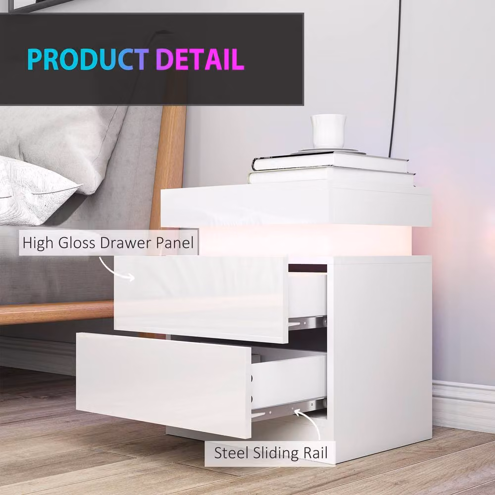 STILVORA Modern White Glossy Bedside Table Set with Integrated LED Lighting and 2 Drawers – 7