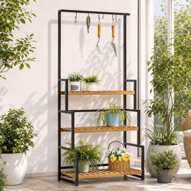 STILVORA 3 Tier Plant Stand with Hanging Hooks in Brown and Black, H x W x D: 174 x 80 x 36 cm – 1