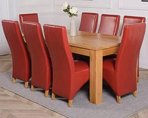 Oak Furniture King Dakota 8 Seater Solid Oak Dining Set with Lola Burgundy Leather Upholstered Chairs, Natural Finish, W: 182 cm, D: 92 cm – 1