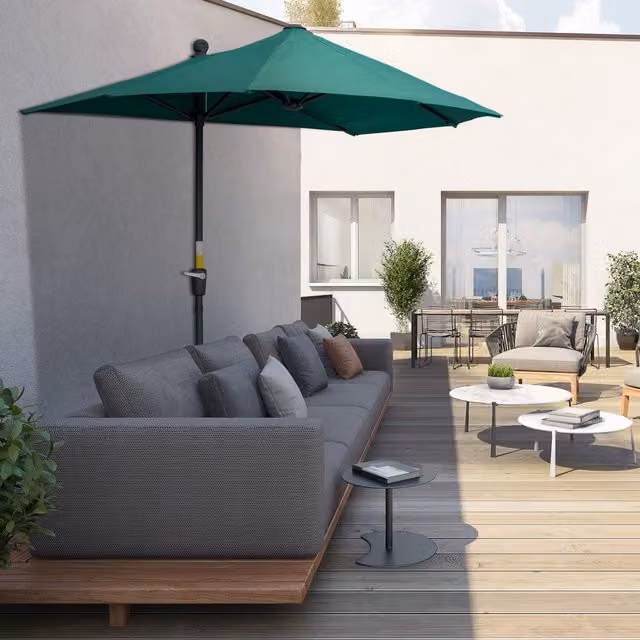 Outsunny 2m Half Parasol Market Umbrella for Garden and Balcony, Dark Green