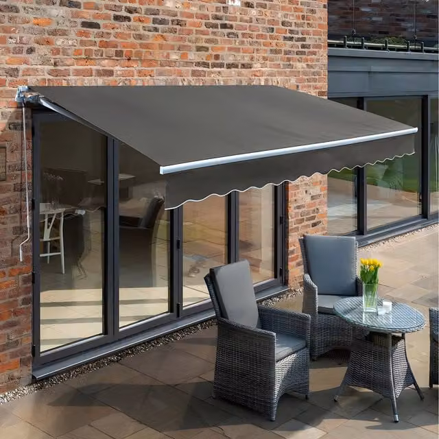 Primrose Manual Retractable Folding Arm Awning with White Aluminium Frame, W: 350 cm x D: 250 cm, Charcoal