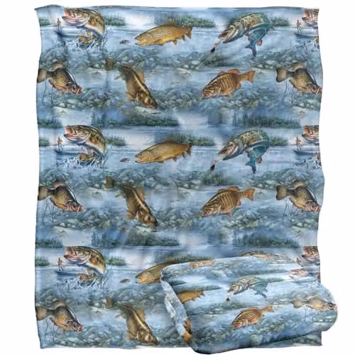 JQ Licensing Freshwater Gamefish Fishing Pattern 2 Silky Touch Super Soft Fleece Throw Blanket in White, W/D/H: 152 x 127 cm – 1