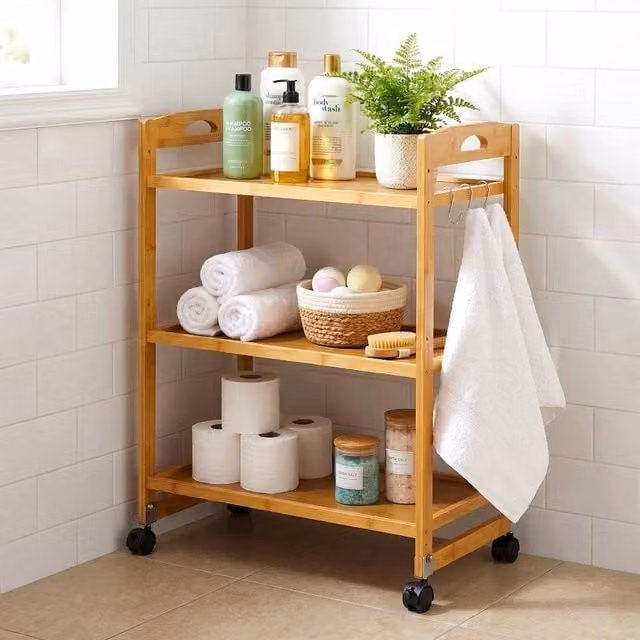 FORGEVIO 3-Tier Bamboo Rolling Utility Storage Cart in Natural – 1