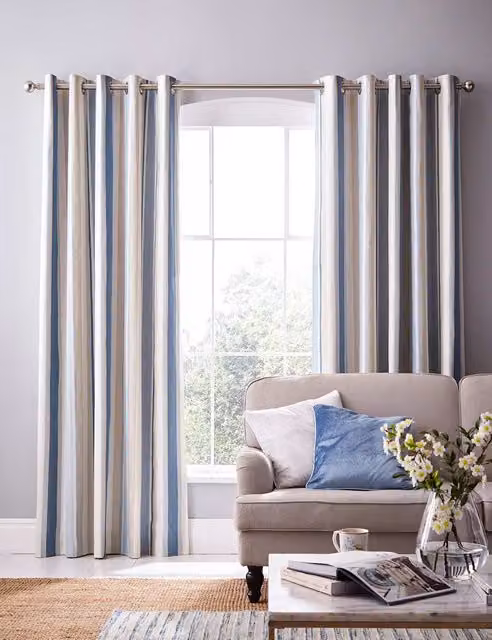 Laura Ashley Blue Mix Awning Stripe Eyelet Blackout Thermal Insulating Curtains