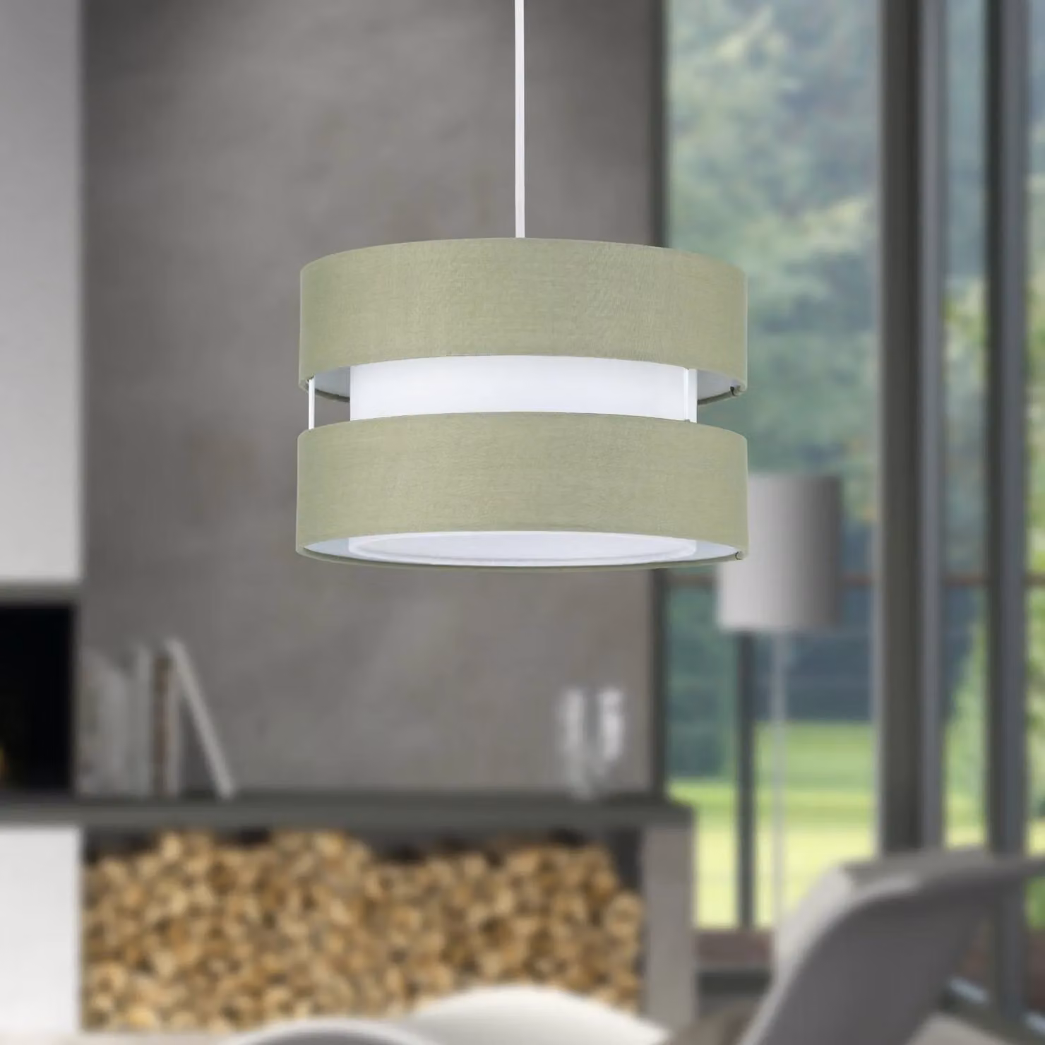 First Choice Lighting Benni Green Fabric Cylinder Pendant Shade, Diameter: 26 cm – 3