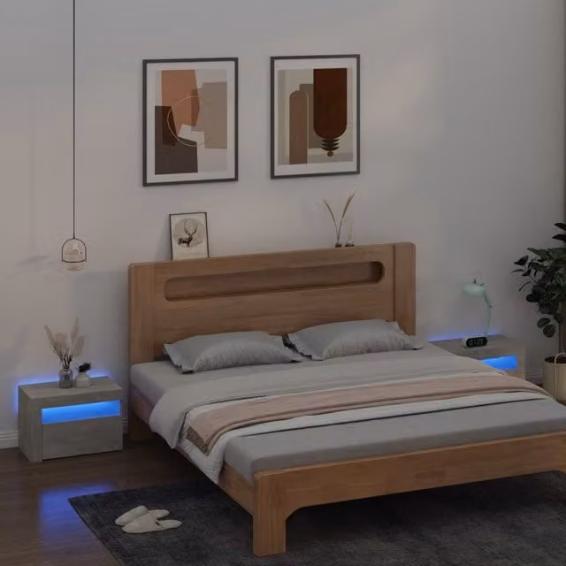 Berkfield Home Set of 2 Modern Bedside Cabinets with Integrated LED Lighting in Concrete Grey, W/D/H: 60 x 35 x 40 cm