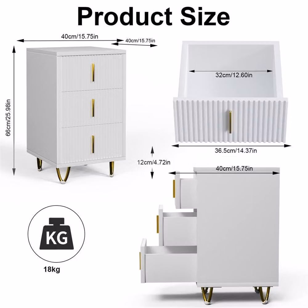 KORVIXA 3-Drawer Bedside Table Cabinet in White and Gold – 2