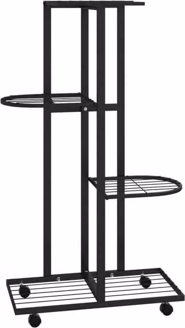 Berkfield Home 4-Tier Metal Flower Stand with Wheels in Black, W/D/H: 44 x 23 x 80 cm