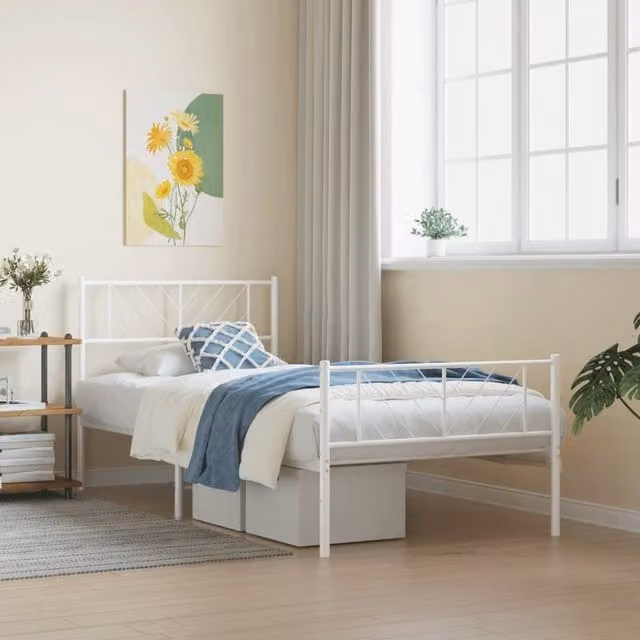 Berkfield Home Metal Bed Frame with Headboard and Footboard, White, W: 100 cm, L: 200 cm