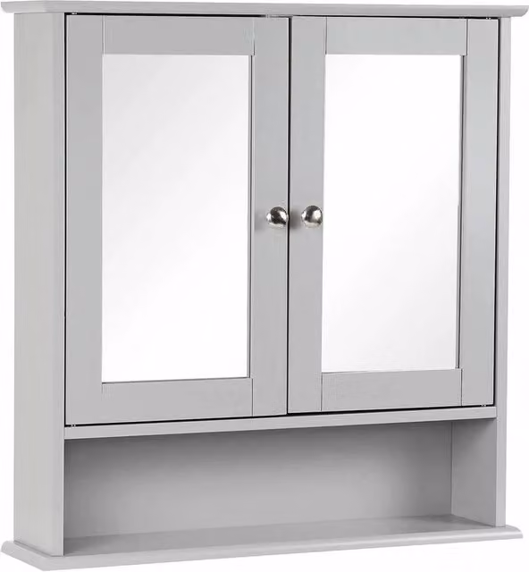 PAWNORA Grey Wooden Wall Mounted Bathroom Cabinet with Double Mirror Doors and Internal Shelves