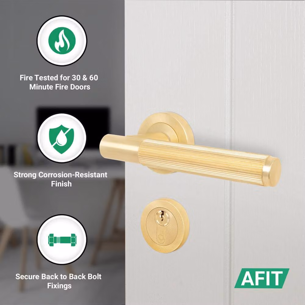 AFIT Gold Brass Fire Door Handle with Euro Lock Thumbturn Cylinder and Hinges, W/D/H: 15 x 15 cm – 2