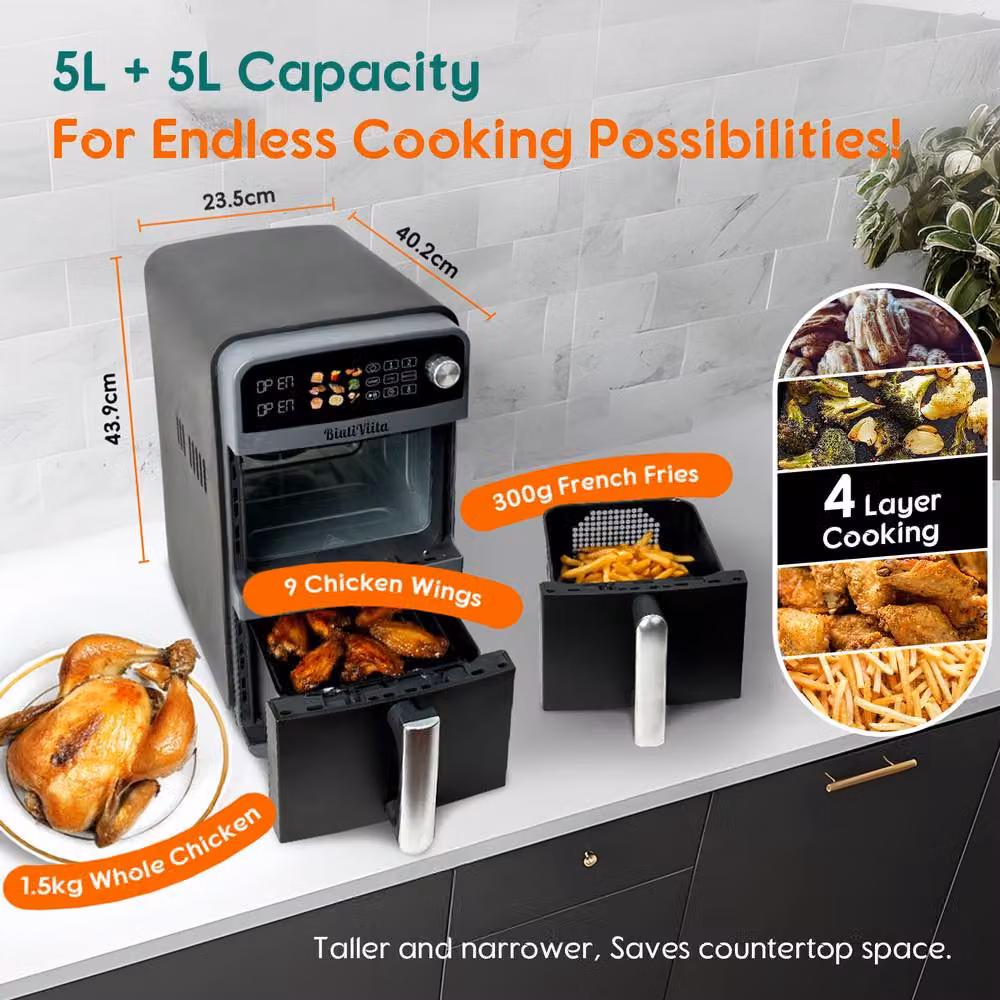 BiutiViita 10L Dual Basket Air Fryer with 2400W Power and 9-in-1 Modes in Black – 2