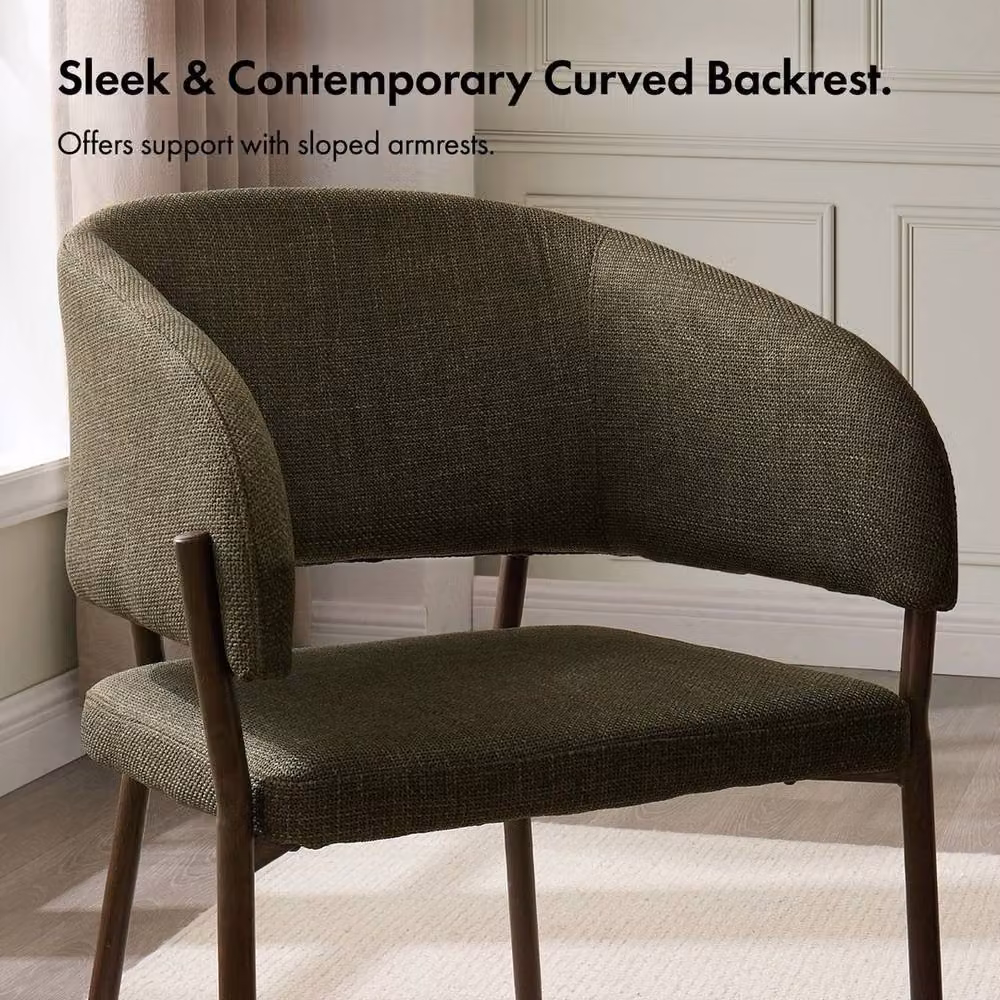 NESTLUNE Set of 2 Green Fabric Upholstered Mid-Century Dining Chairs with Armrests and Metal Frame – 3