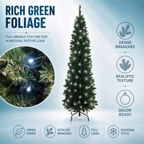 Shatchi Green Slim Pencil Artificial Christmas Tree with Cool White LEDs and Metal Stand, Height: 1.5 m – 3