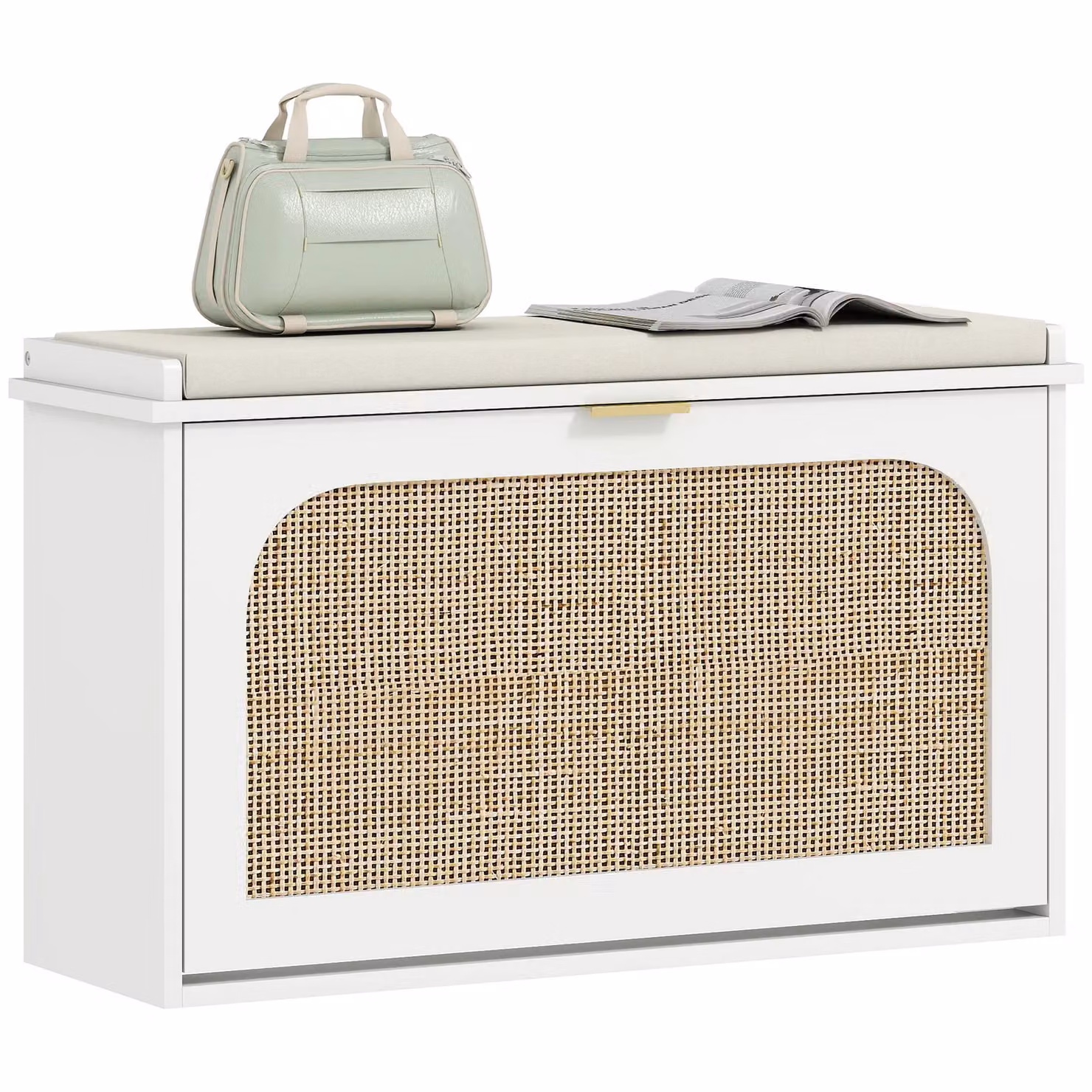 HOMCOM Boho Rattan Shoe Bench with Padded Fabric Seat and Flip-Drawer in White – 2