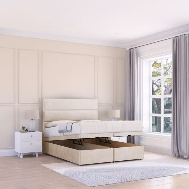 Sloomy Texas Single Ottoman Bed with 26 Inch Strut Headboard and Hybrid Memory Mattress in Beige