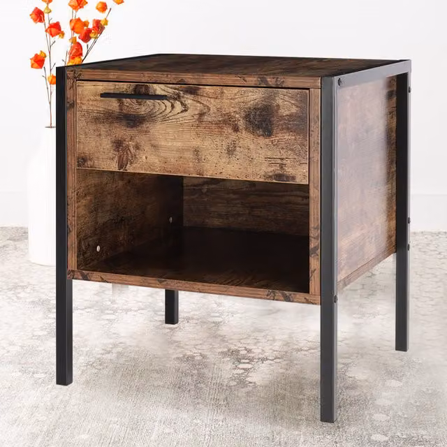 Livingandhome Industrial Wooden Bedside Table with Shelf and Drawer in Brown