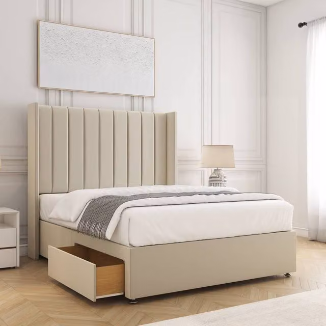 BSSPOKE Hannah King Size Divan Bed with 2 Drawers, Footend and 54 inch Headboard in Cream Velvet Fabric, W/D/H: 180 x 200 cm