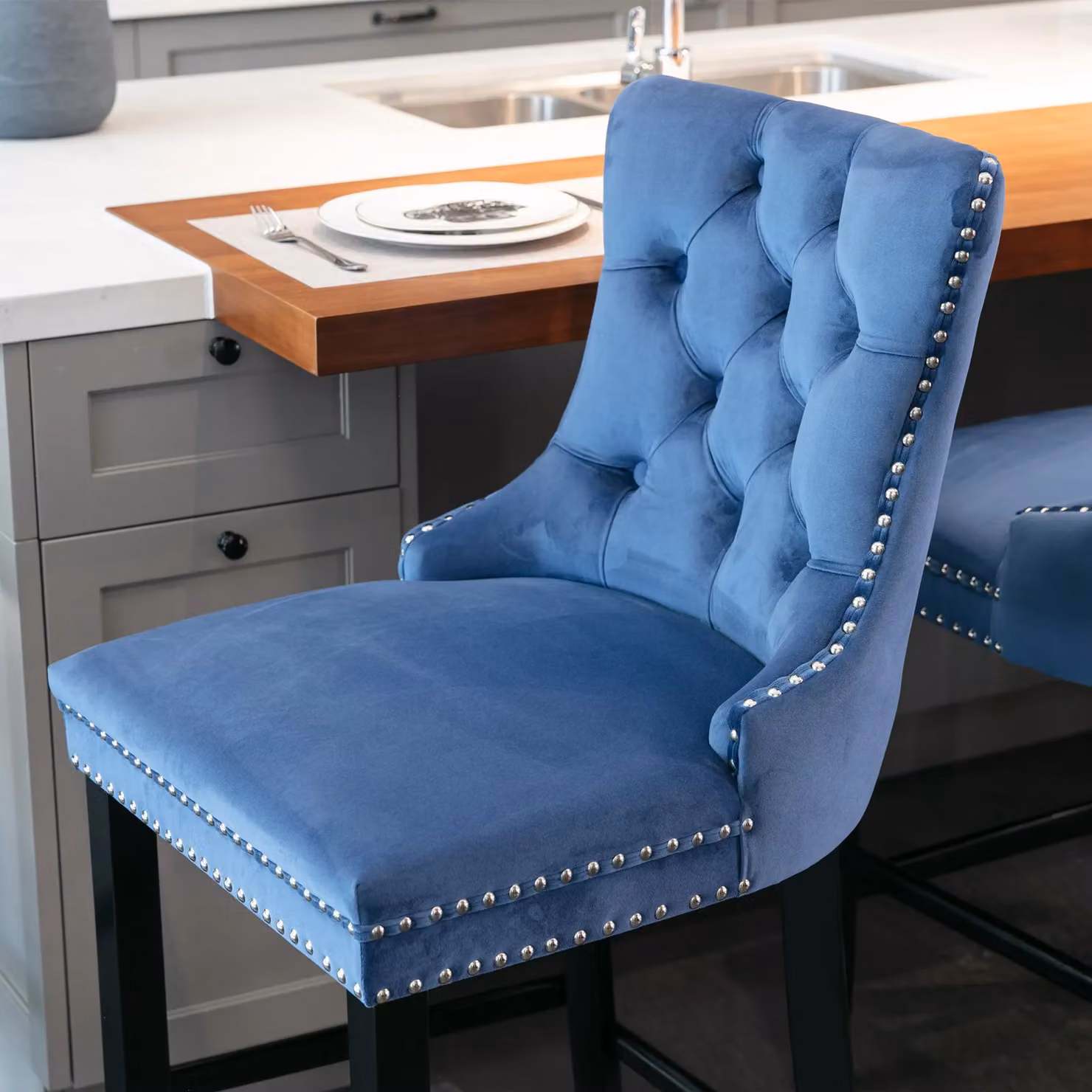 HomeTouch Set of 2 Blue Velvet Bar Stools with Wooden Legs – 2