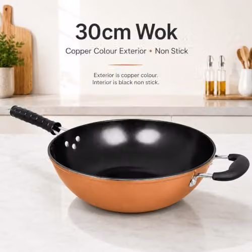 Gr8 Home Copper Style Non Stick Carbon Steel Wok Stir Fry Pan, 30 cm – 3