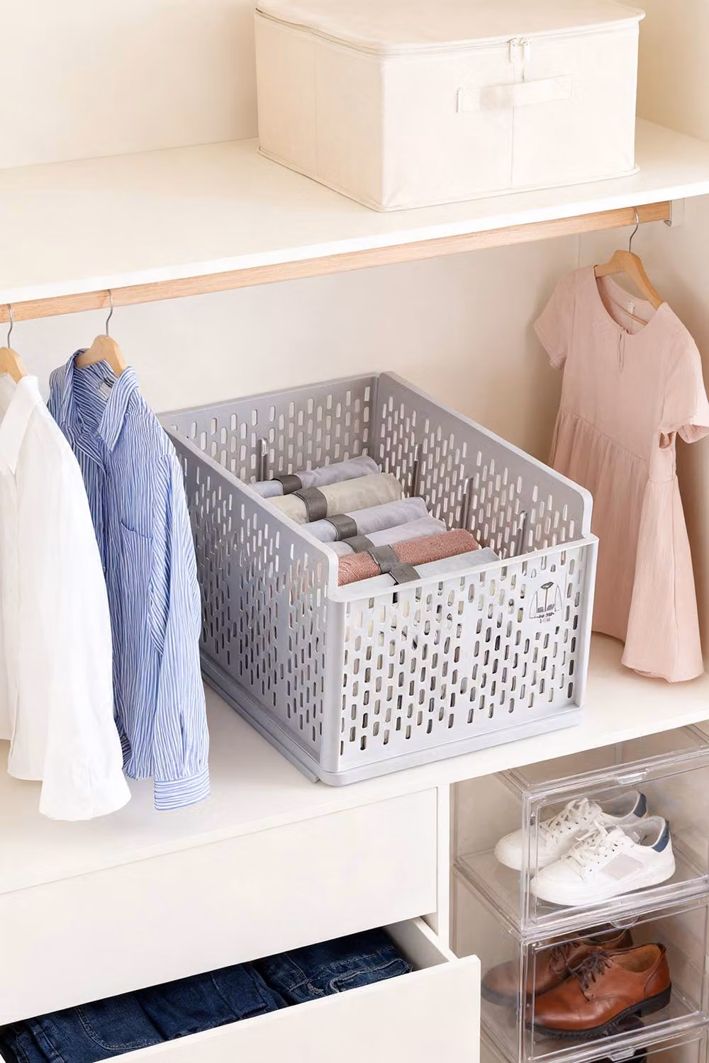 ExtraStar Stackable Plastic Storage Basket with Shirt Folders in White – 2