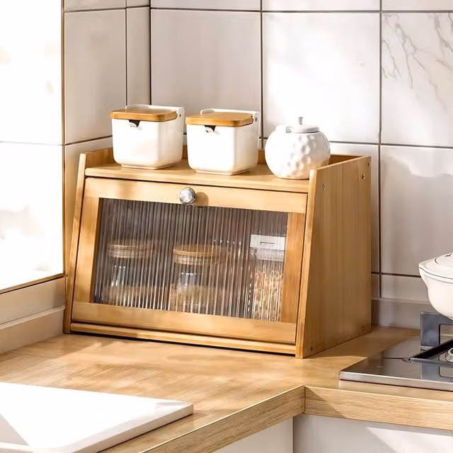 EONLION 2 Tier Natural Bamboo and Wood Bread Box in Brown, Width: 100 cm