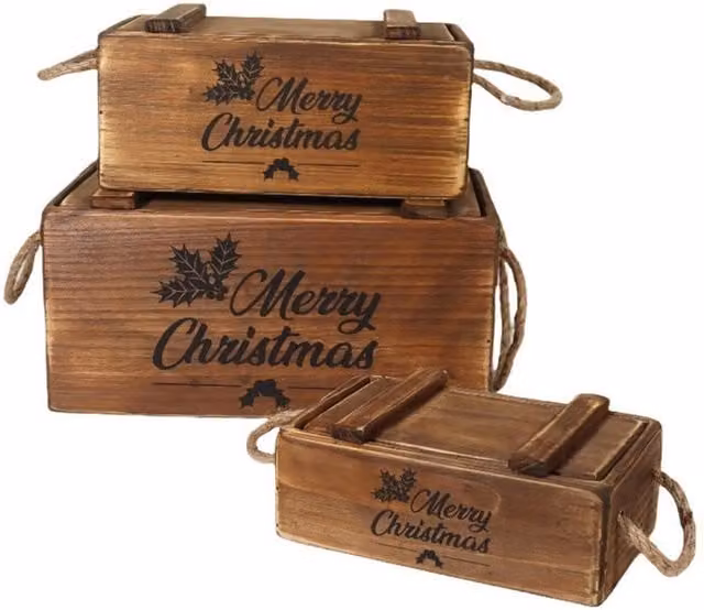 Minster Set of 3 Solid Wood Rectangular Crates with Lids and Rope Handles in Brown