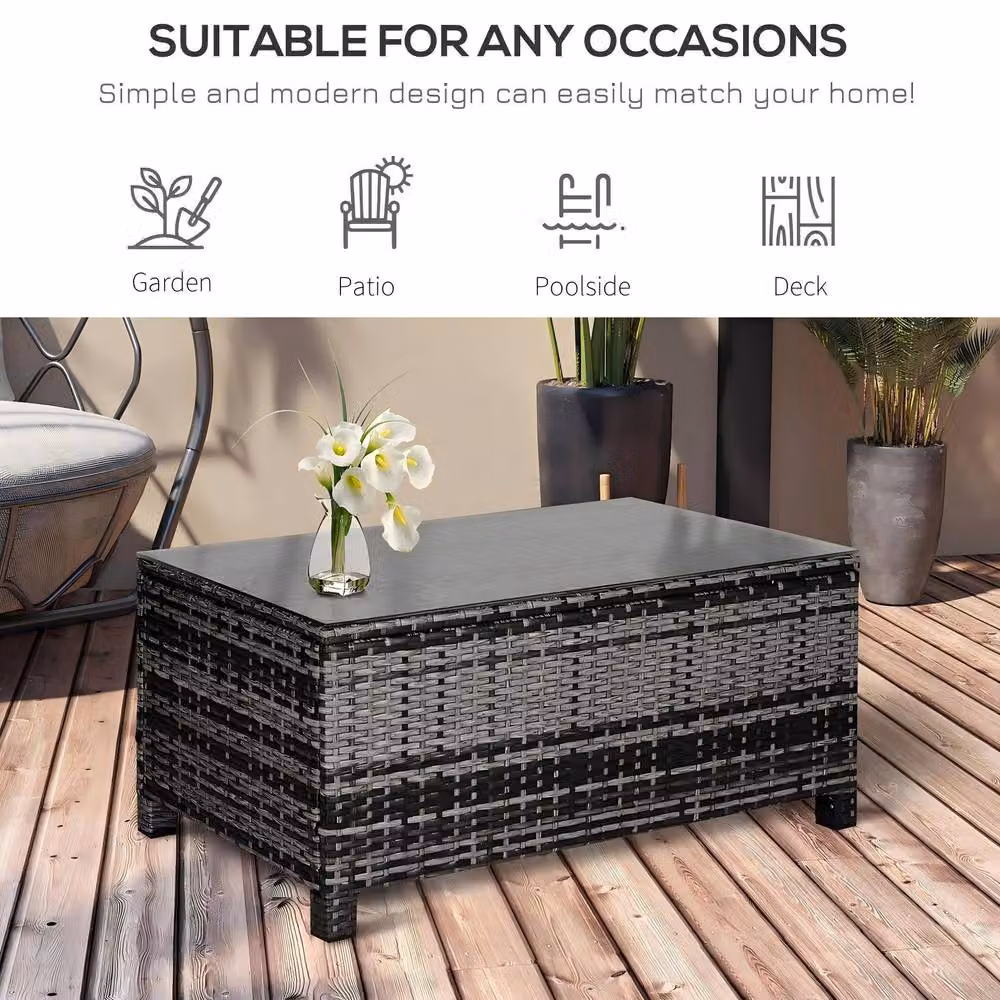 STILVORA Garden Coffee Table with Grey Rattan and Glass Top, W: 85.0 cm, D: 39.0 cm – 6