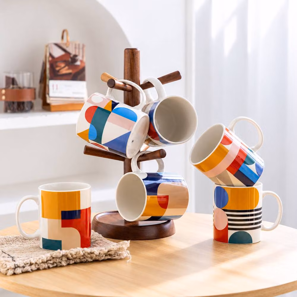 Simpa Modern Geometry Bone China Mug Collection, Multicolour, Set of 6, 340ml per mug – 2