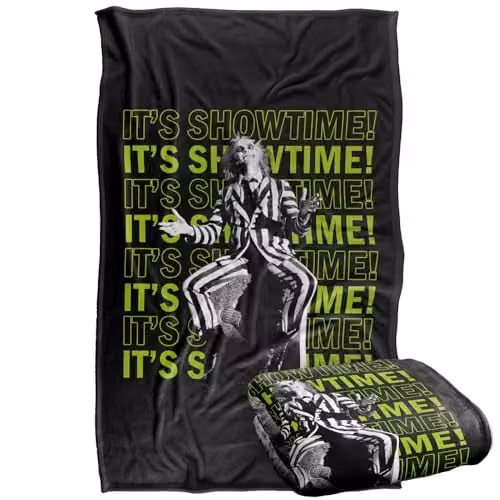 LOGOVISION Beetlejuice It's Showtime Repeat Super Soft Silky Touch Fleece Throw Blanket, Multicolour, W: 91 x D: 147 cm – 1