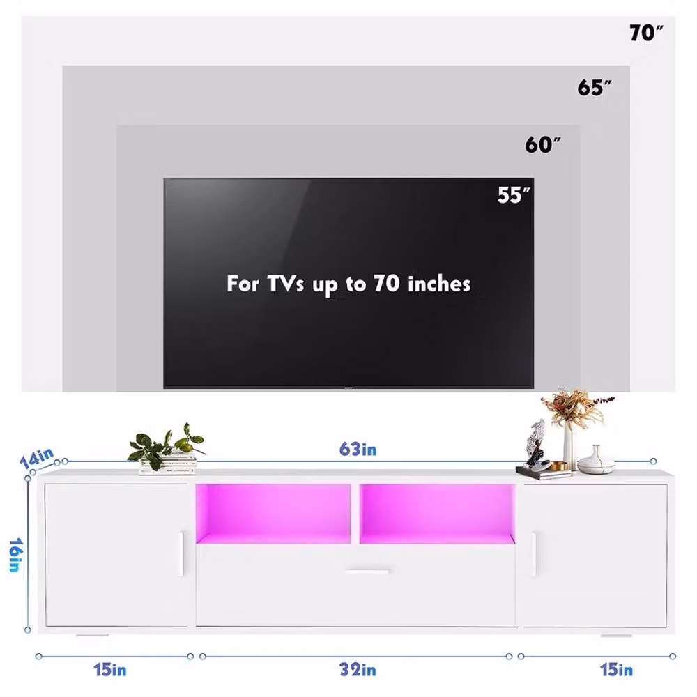 Nordara White High Gloss MDF LED TV Entertainment Cabinet with Integrated RGB Lighting W: 160 cm, D: 40.64 cm, H: 40.64 cm – 2
