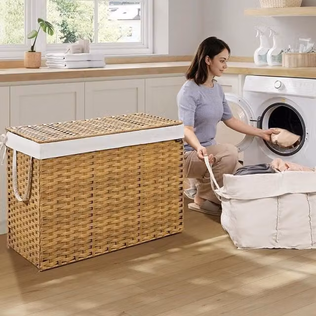 SONGMICS Jumbo Synthetic Rattan Storage Basket with Removable Fabric Liner, Collapsible Wicker Design in Beige, Sand or Brown – 1