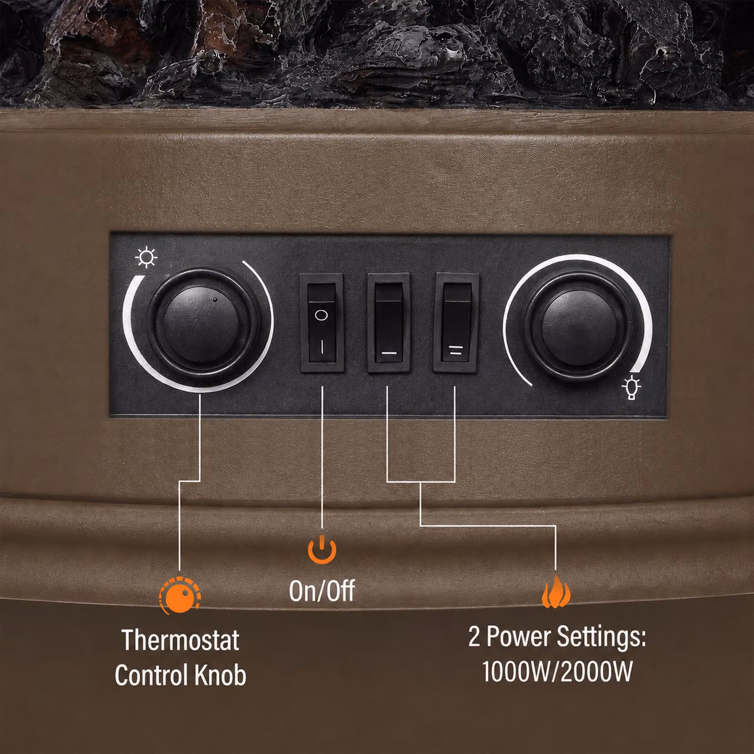 HOMCOM Brown 3-Sided Freestanding Electric Fireplace Stove with 3D Flame Log and Thermostat, 1000/2000W – 5