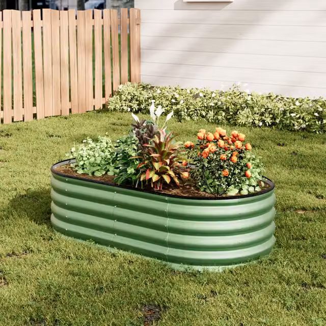 Lifeideas Oval Steel Raised Flower Bed with Support Rod in Green