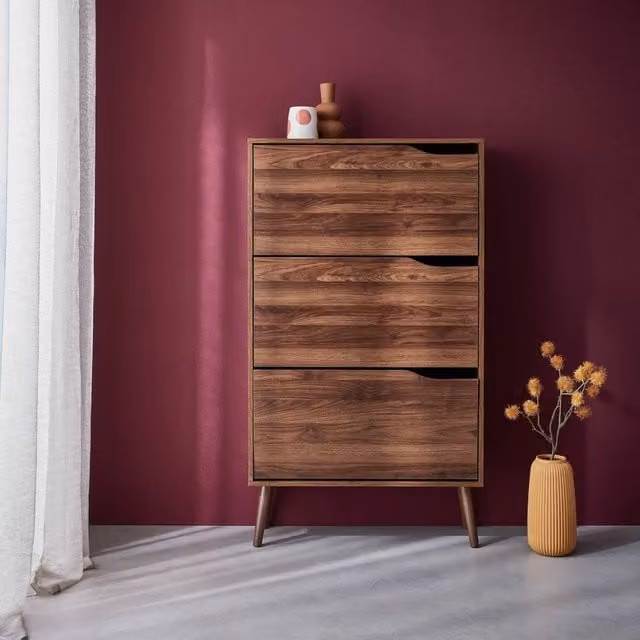sweeek 3-door Shoe Cabinet in Dark Brown Walnut Wood Effect, W/D/H: 75 x 26 x 131 cm