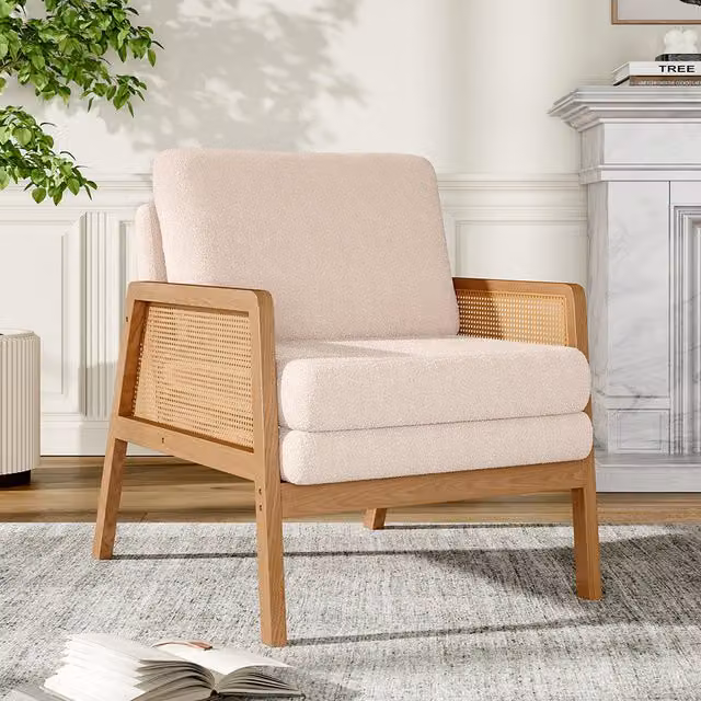 Livingandhome Pink Bouclé Armchair with Wood and Rattan Frame