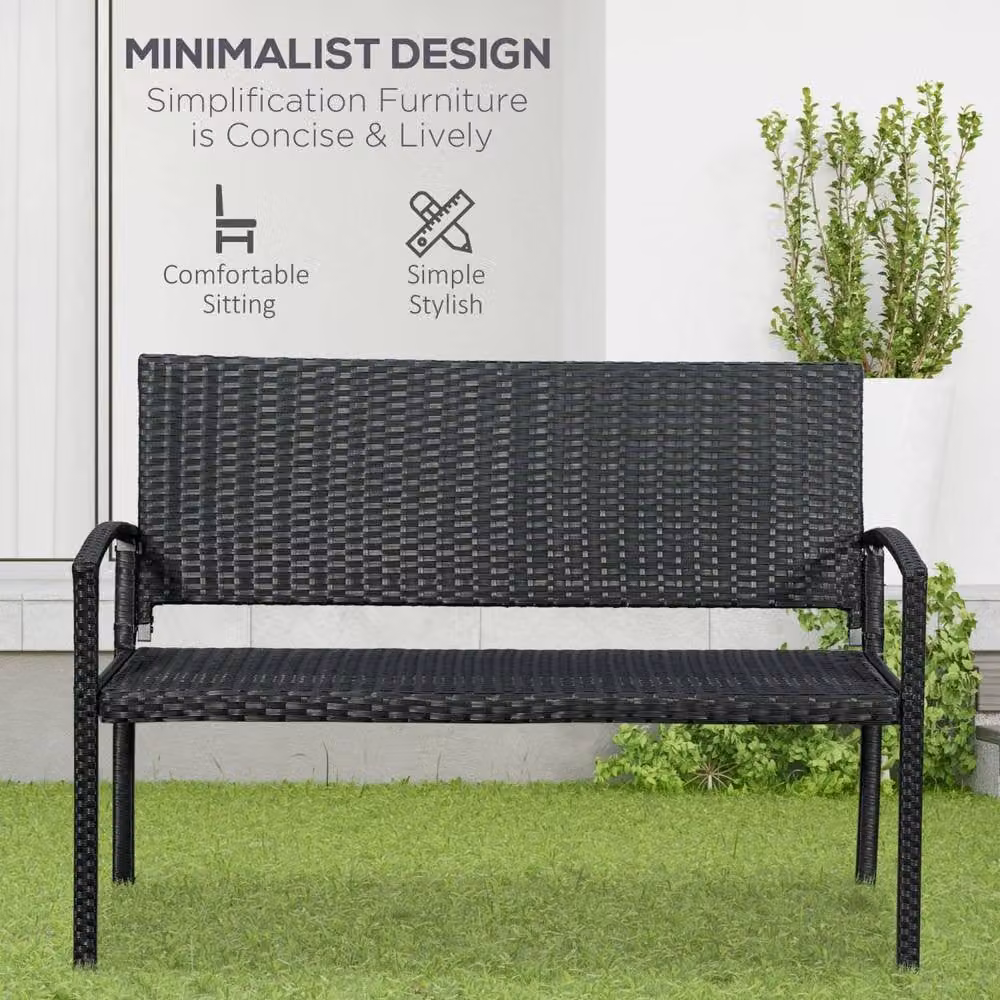 Wyld Haus Vasu Black Rattan 2 Seater Outdoor Garden Bench with Armrests – 3
