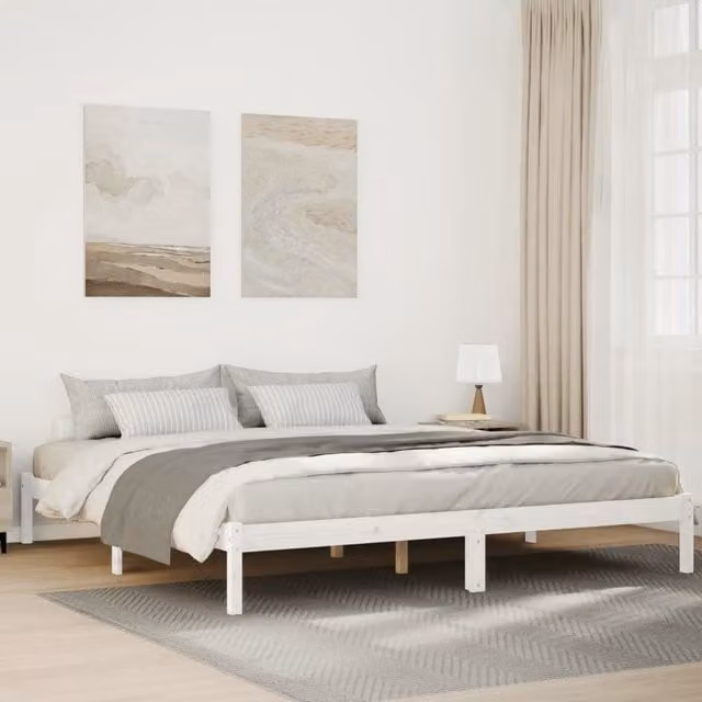 Berkfield Home Extra Long Solid Wood Pine Bed Frame in White, W: 180 cm x D: 220 cm