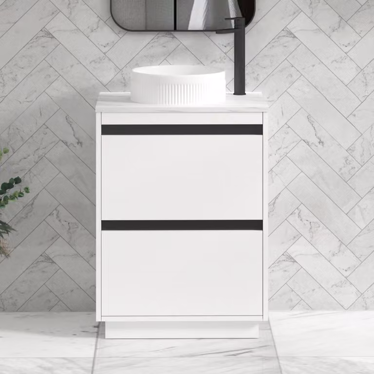Royal Bathrooms Orion 600mm Matt White Floor Standing 2 Drawer Vanity Unit with Round Basin and Black Accent Trim